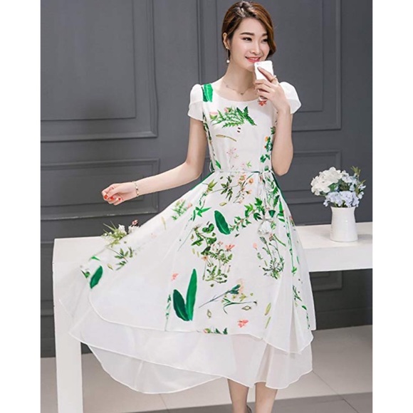 vintage inspired Dresses & Skirts - NEW Floral Dress White & Green Floral Korean Dress
